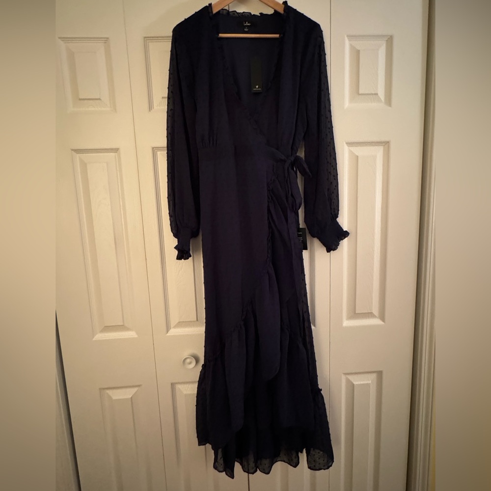 Perfectly Darling Navy Blue Swiss Dot High-low Wrap Dress